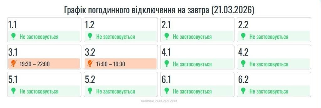 Графік погодинного відключення електроенергії в Івано-Франківській області на 21 березня 2026 року