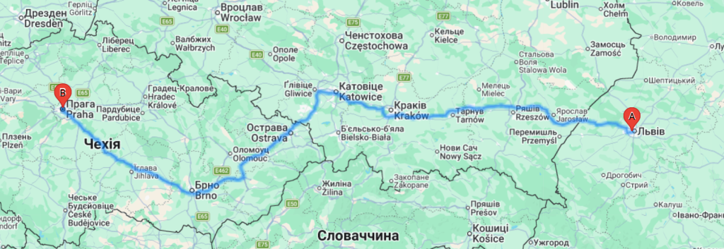 Маршрут рейсу Львів - Прага