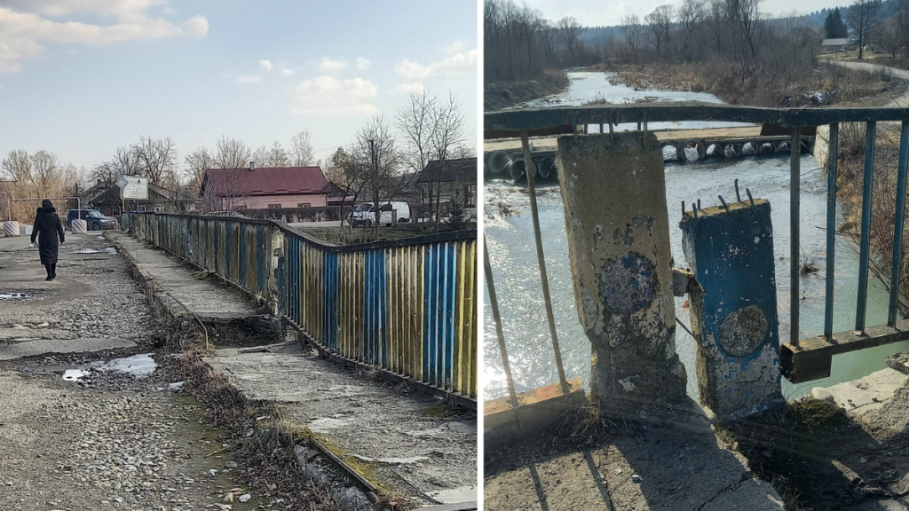 Небезпечний міст у Рожнятові почав руйнуватися і провалюватися