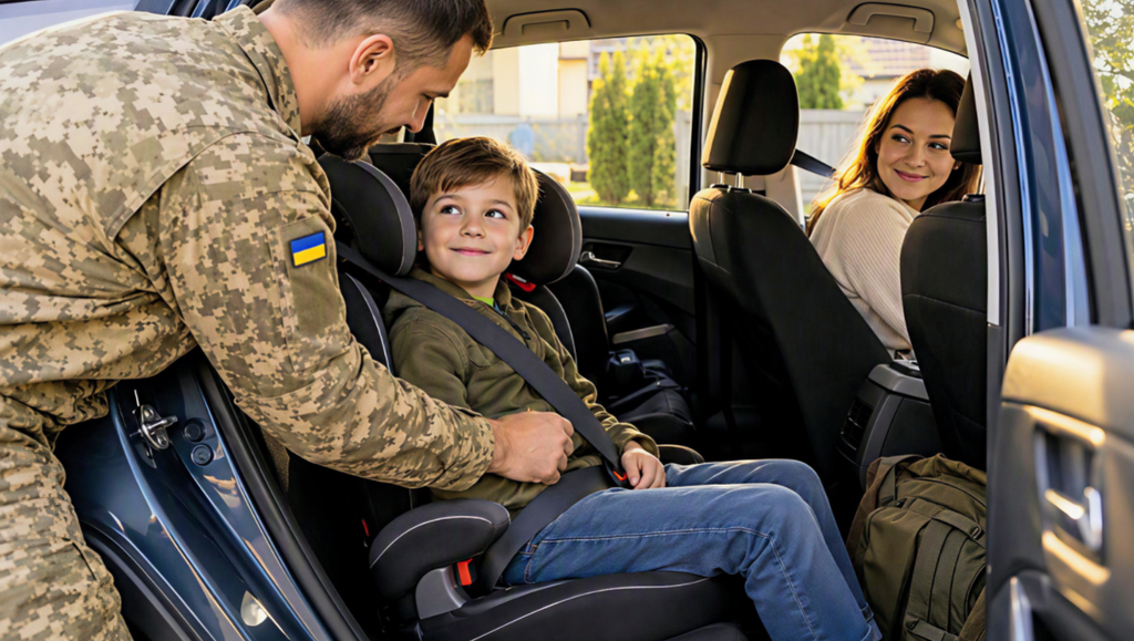 Військовий перевіряє ремінь безпеки дитини