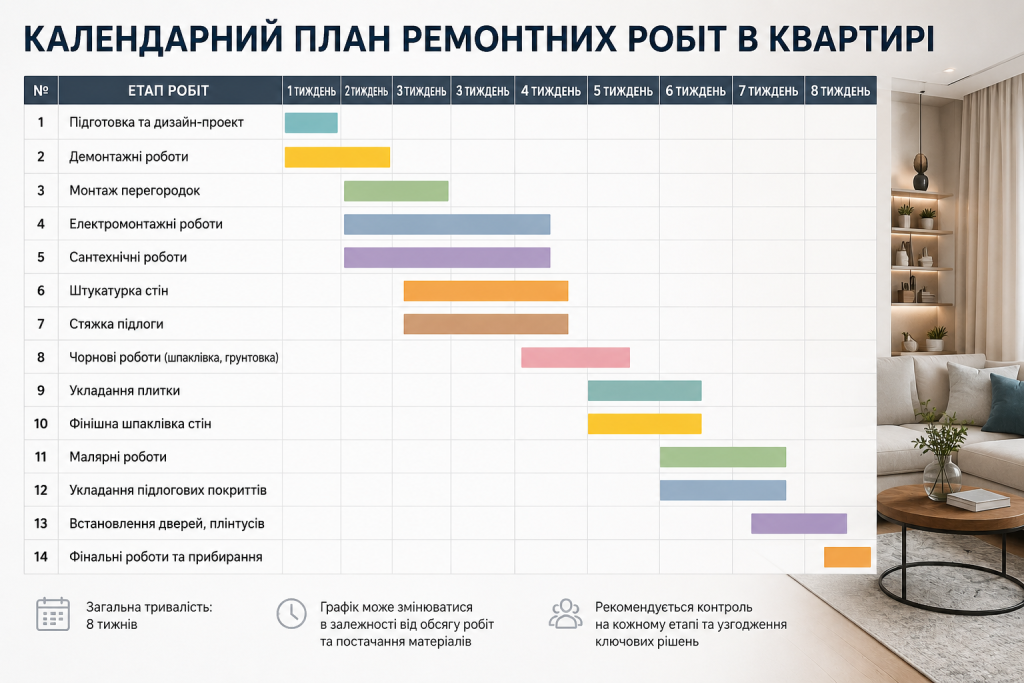 Поступовий календарний план ремонтних робіт в квартирі