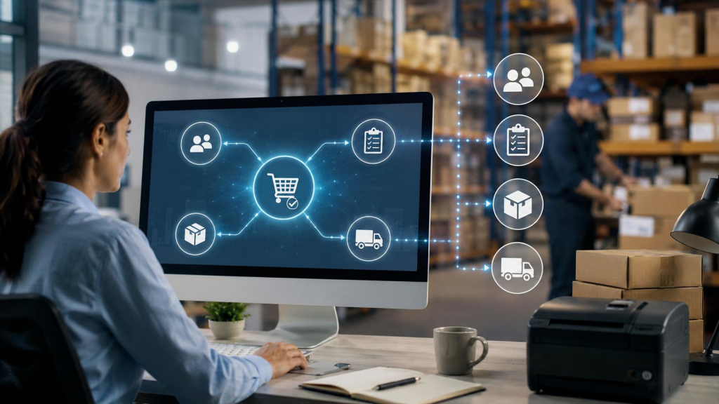 Фахівець контролює продуктивність e-commerce системи на моніторах
