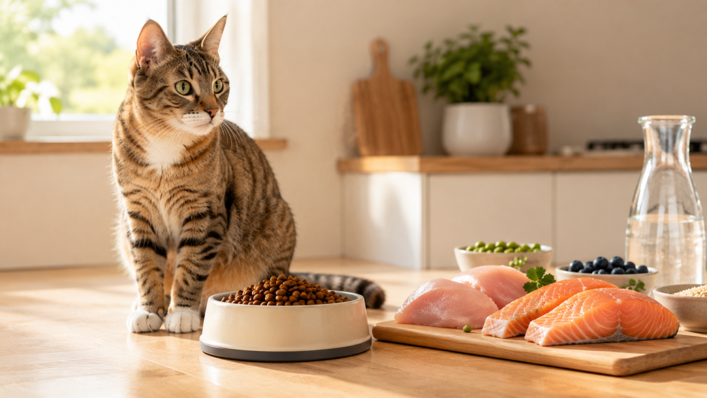 Кошка, сухой корм и натуральные мясные ингредиенты