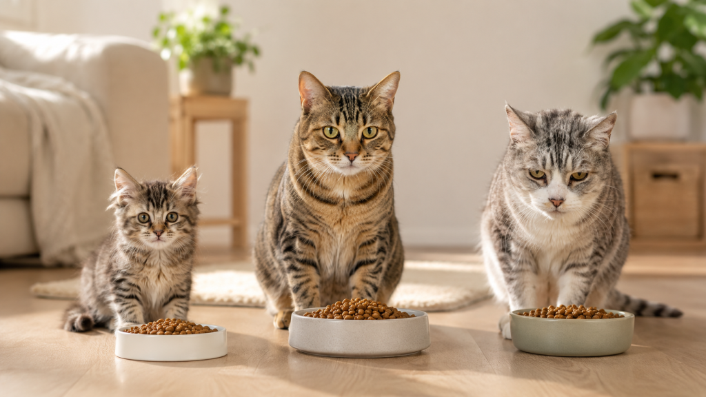 Котенок, взрослая и пожилая кошка с кормом для разных этапов жизни.