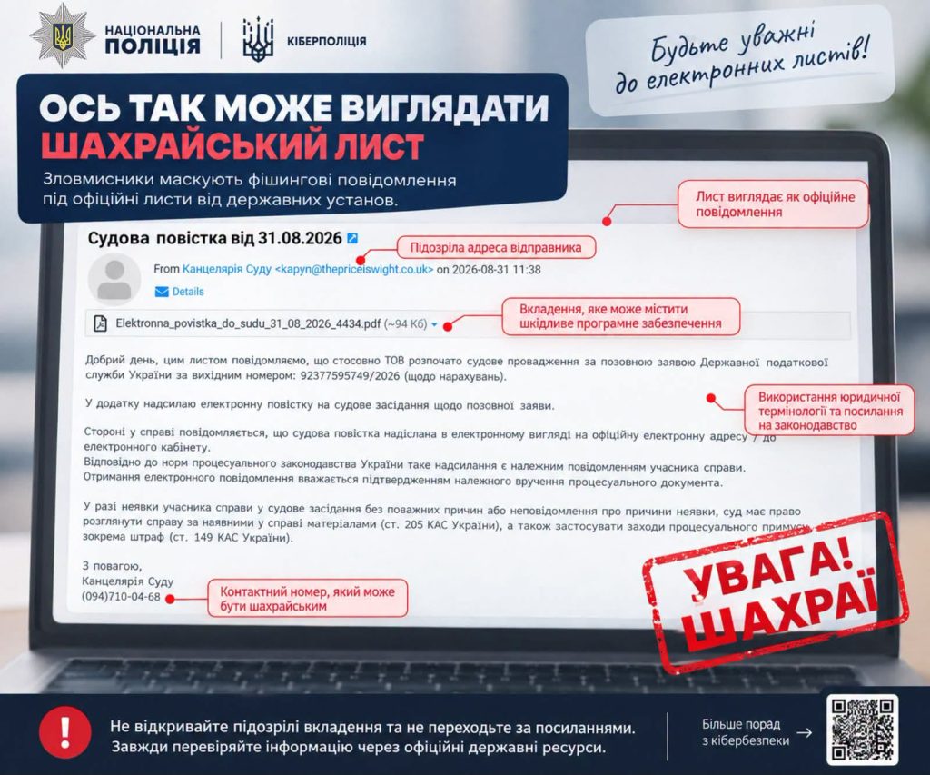 «Вас запрошують на судове засідання»: кіберполіція попереджає про шахрайські повідомлення від імені державних органів
