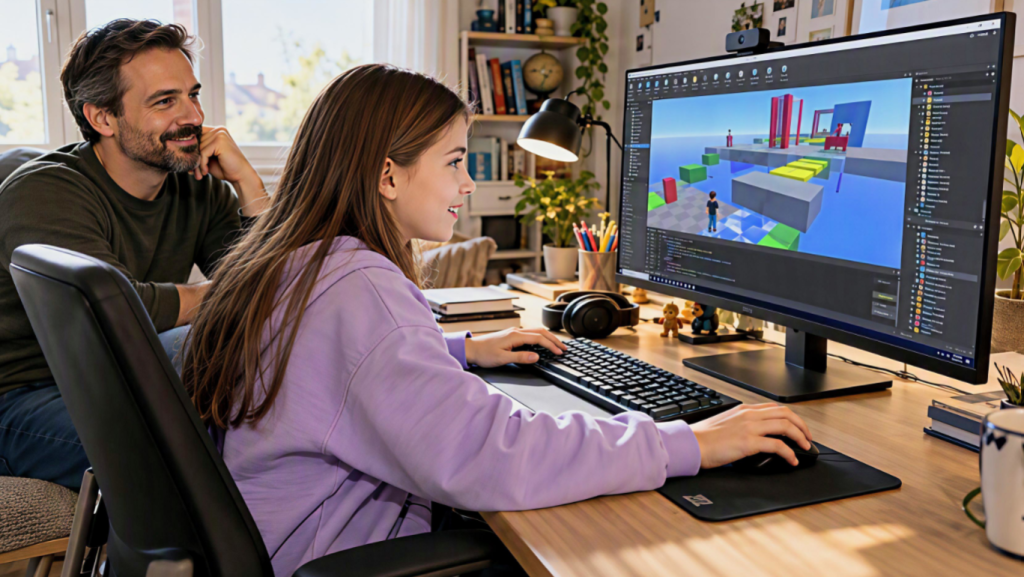 Дівчинка створює гру в Roblox Studio