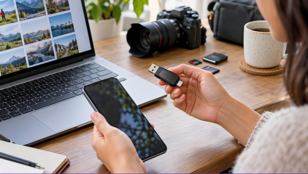 Флешка з роз’ємами USB-A та USB-C біля смартфона й ноутбука