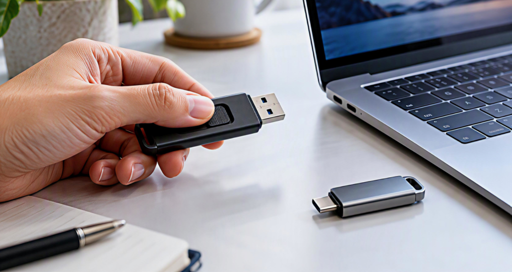 Рука тримає USB-флешку-слайдер поруч із ноутбуком