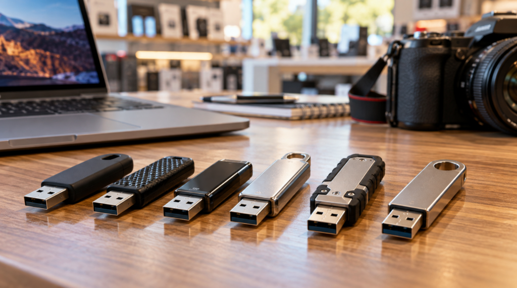 USB-флешки різних типів поруч із ноутбуком і фотоапаратом
