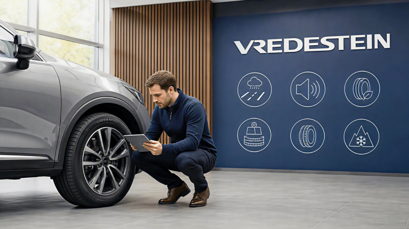 Специалист проверяет автомобильную шину Vredestein